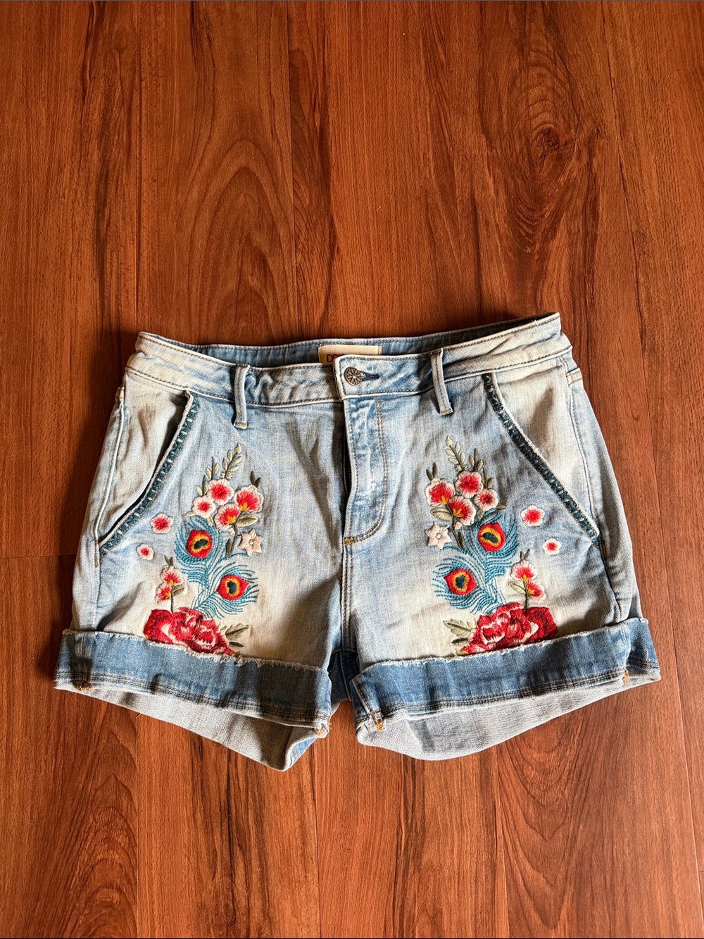 Driftwood Light Blue Embroidered Denim Shorts with Floral Accents
